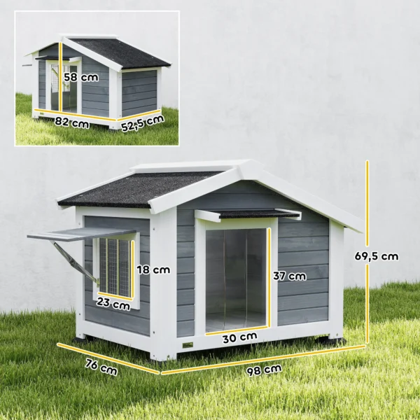 Weerbestendig Hondenhok Van Hout Met Uitneembare Vloer, Asfaltdak, Openend Raam 98x76x69,5 Cm Grijs