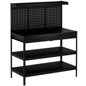 Werkbank Met Verstelbare Planken, Robuuste Werkstation Met Gatenbord En 2 Lades, 122 X 61 X 156 Cm, Zwart