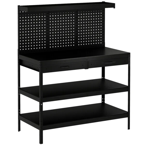 Werkbank Met Verstelbare Planken, Robuuste Werkstation Met Gatenbord En 2 Lades, 122 X 61 X 156 Cm, Zwart