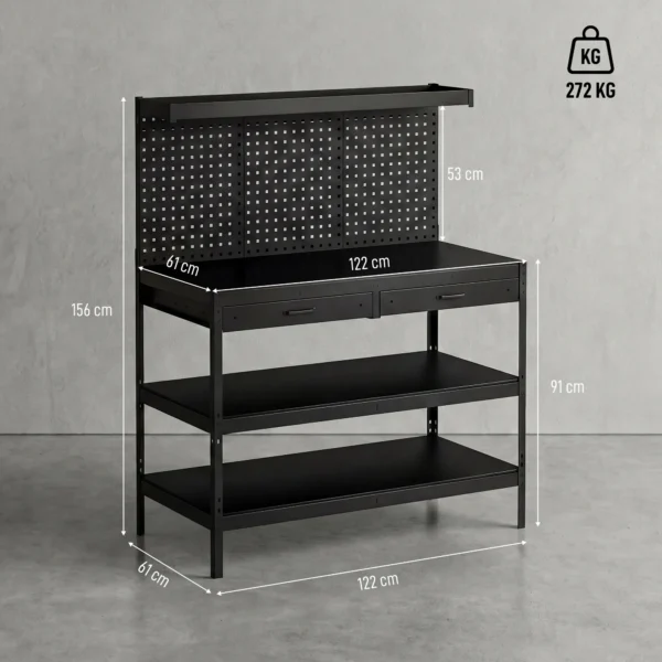 Werkbank Met Verstelbare Planken, Robuuste Werkstation Met Gatenbord En 2 Lades, 122 X 61 X 156 Cm, Zwart