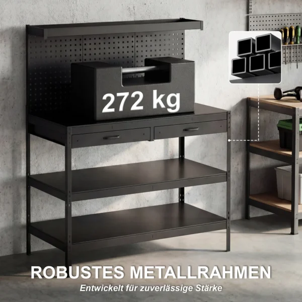 Werkbank Met Verstelbare Planken, Robuuste Werkstation Met Gatenbord En 2 Lades, 122 X 61 X 156 Cm, Zwart