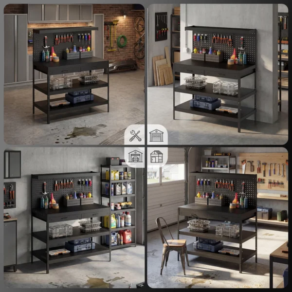 Werkbank Met Verstelbare Planken, Robuuste Werkstation Met Gatenbord En 2 Lades, 122 X 61 X 156 Cm, Zwart