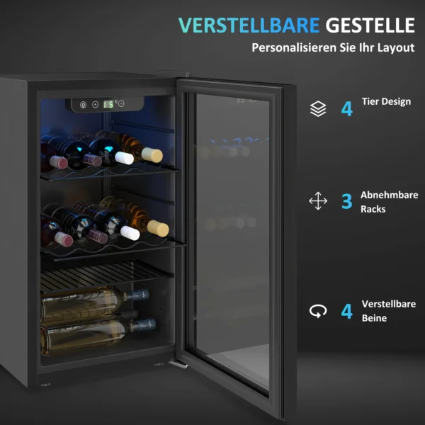 Wijnkoelkast 24 Flessen, 68 Liter Capaciteit, 4 16 °C Vrijstaand Apparaat Voor Dranken, Bier En Wijn Met Glazen Deur, Zwart