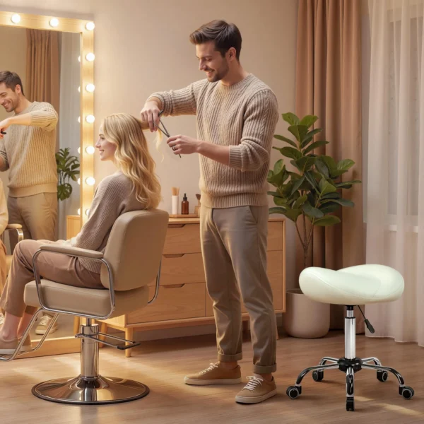 Zadelstoel, In Hoogte Verstelbare Rolstoel Met PU leer Voor Massage, Spa, Kliniek, Schoonheid En Tatoeage, Crèmewit