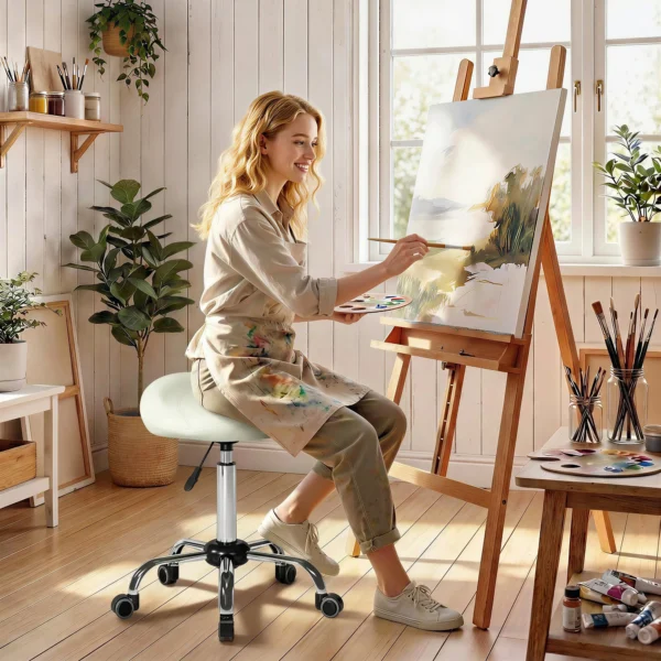 Zadelstoel, In Hoogte Verstelbare Rolstoel Met PU leer Voor Massage, Spa, Kliniek, Schoonheid En Tatoeage, Crèmewit