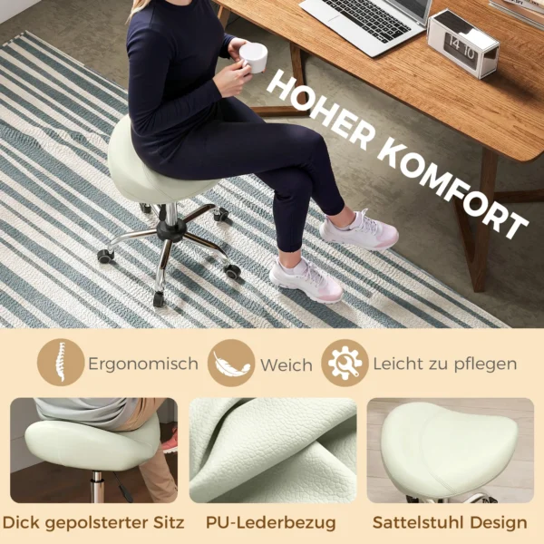 Zadelstoel, In Hoogte Verstelbare Rolstoel Met PU leer Voor Massage, Spa, Kliniek, Schoonheid En Tatoeage, Crèmewit