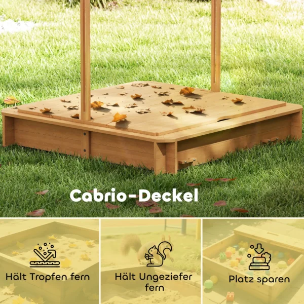 Zandbak 106x106 Cm Kinderen Zandbak Van Hout Met Hoogteverstelbare Afdekking Zitbanken Rugleuningen Lichtbruin