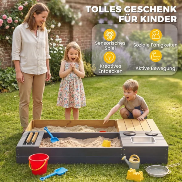 Zandbak 2 delig 150x90cm Houten Zandbak Met Zitbank Opslagruimte Kachel Uitneembare Wastafel Abacus Kralen Geel