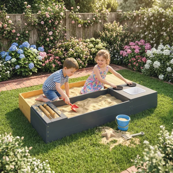 Zandbak 2 delig 150x90cm Houten Zandbak Met Zitbank Opslagruimte Kachel Uitneembare Wastafel Abacus Kralen Geel