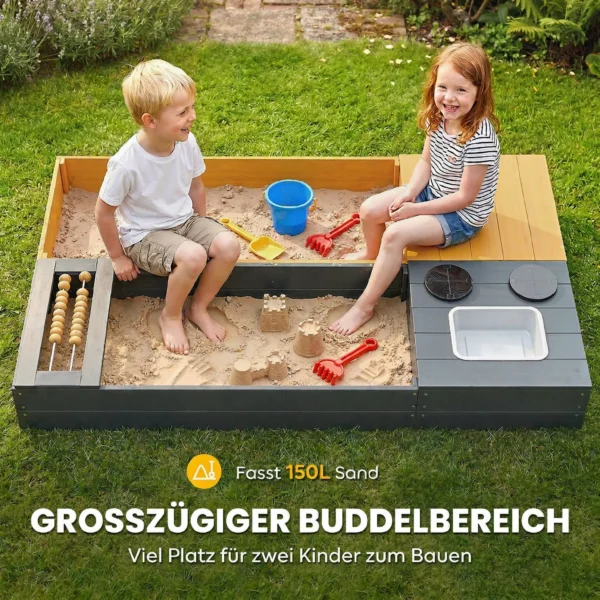 Zandbak 2 delig 150x90cm Houten Zandbak Met Zitbank Opslagruimte Kachel Uitneembare Wastafel Abacus Kralen Geel