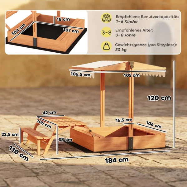 Zandbak Met Dak, Houten Zandkist Met Inklapbare Picknicktafel En Zitbanken Voor Kinderen Van 3 8 Jaar, 184 X 110 X 120 Cm, Bruin