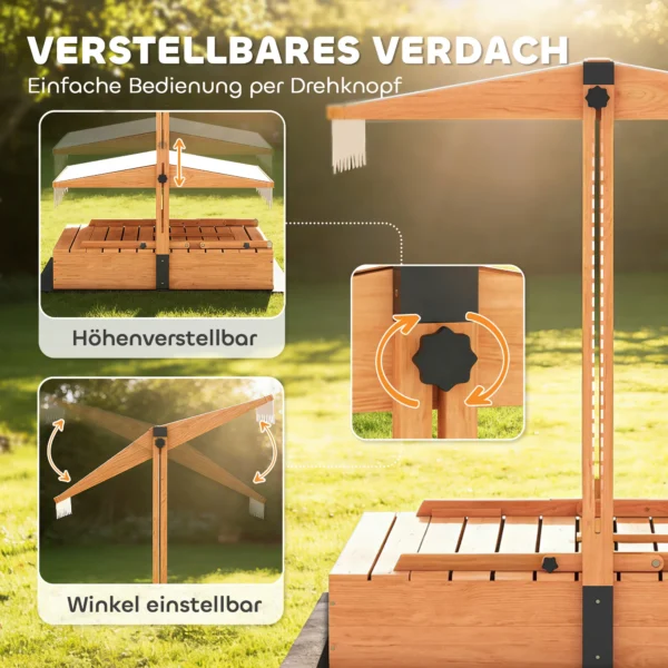 Zandbak Met Dak, Houten Zandkist Met Inklapbare Picknicktafel En Zitbanken Voor Kinderen Van 3 8 Jaar, 184 X 110 X 120 Cm, Bruin