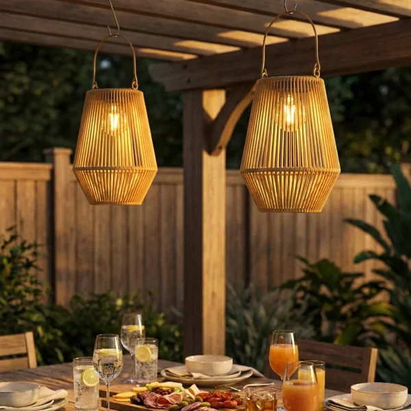 Zonne energie Staande Lamp 2 delige Set Rattan Hangende Solarlampen Met Lichtsensor IP44 Waterdichte Solarlamp Voor Tuin Balkon Bruin