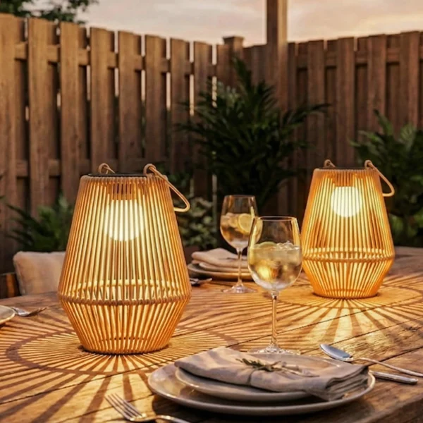 Zonne energie Staande Lamp 2 delige Set Rattan Hangende Solarlampen Met Lichtsensor IP44 Waterdichte Solarlamp Voor Tuin Balkon Bruin