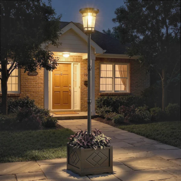 Zonnelantaarn Staande Lamp Met Bloempot 195cm Buiten Tuinlantaarn Met 2 Helderheidsniveaus Lichtregeling Schakelaar IP44