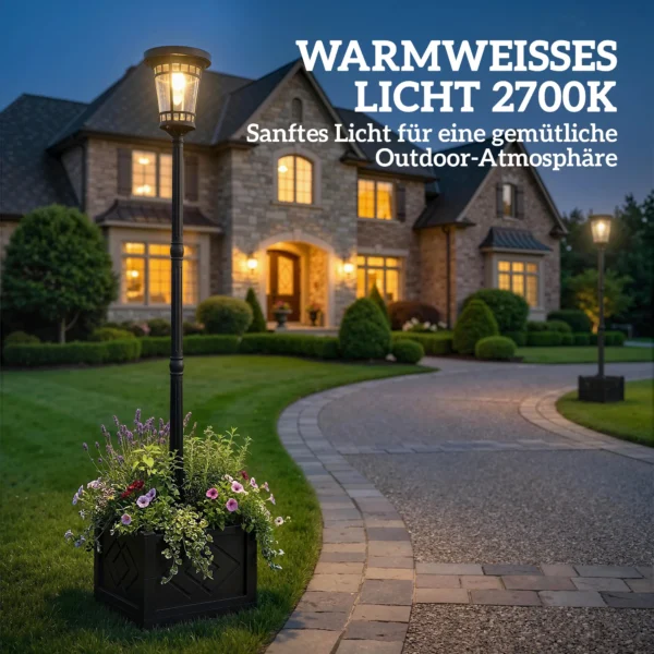 Zonnelantaarn Staande Lamp Met Bloempot 195cm Buiten Tuinlantaarn Met 2 Helderheidsniveaus Lichtregeling Schakelaar IP44