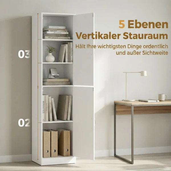 180 Cm Hoog Boekenrek, Modern 5 laags Rek Met Verstelbare Planken, Vrijstaande Opbergkast, Wit