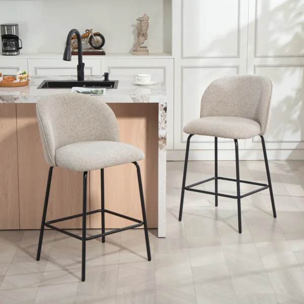 2 delige Set Barkrukken Met Rugleuning En Voetensteun, Gestoffeerde Stoelen Met Stalen Poten Voor Keukeneiland, Eetkamer, Lichtgrijs