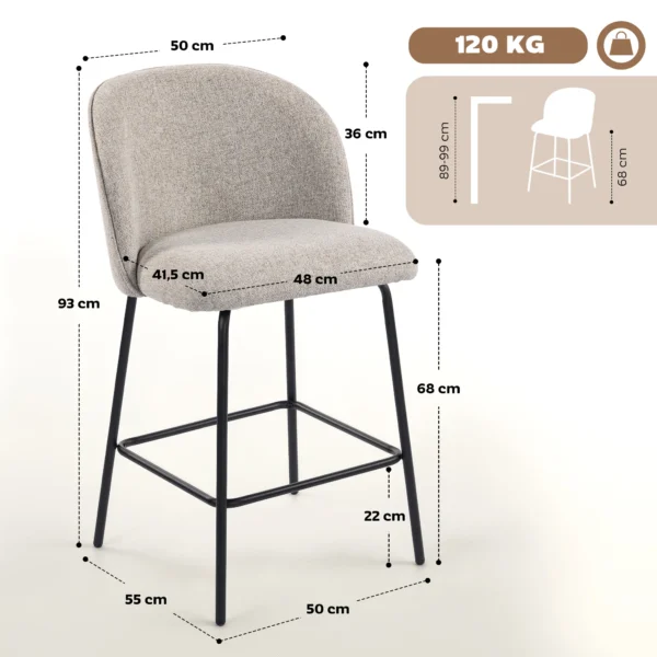 2 delige Set Barkrukken Met Rugleuning En Voetensteun, Gestoffeerde Stoelen Met Stalen Poten Voor Keukeneiland, Eetkamer, Lichtgrijs