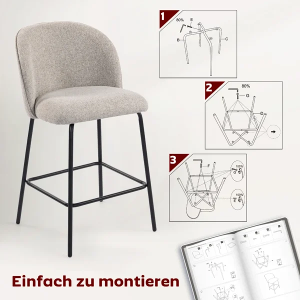 2 delige Set Barkrukken Met Rugleuning En Voetensteun, Gestoffeerde Stoelen Met Stalen Poten Voor Keukeneiland, Eetkamer, Lichtgrijs