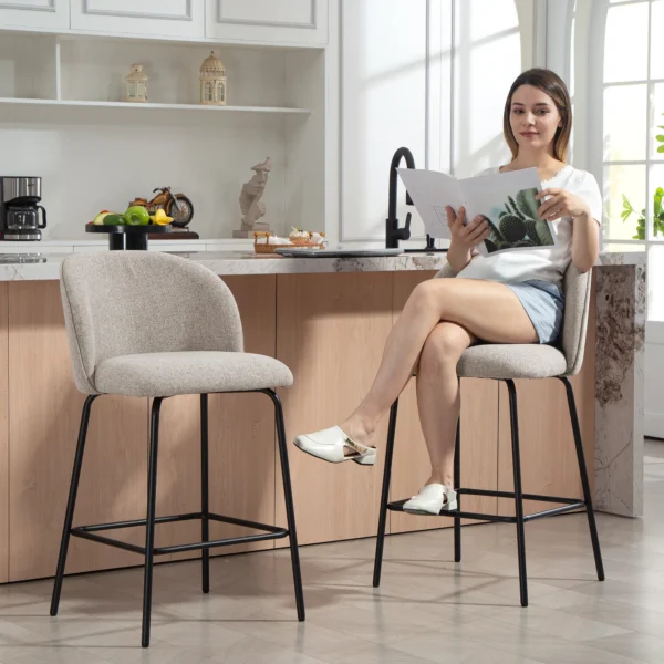 2 delige Set Barkrukken Met Rugleuning En Voetensteun, Gestoffeerde Stoelen Met Stalen Poten Voor Keukeneiland, Eetkamer, Lichtgrijs