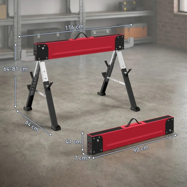 2 delige Set Werkbank Tot 1160 Kg Inklapbaar Zaagbok 7 voudig In Hoogte Verstelbaar 64 81 Cm Steigerbok Van Metaal Met Handvat Rood