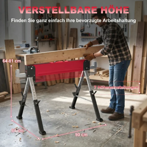 2 delige Set Werkbank Tot 1160 Kg Inklapbaar Zaagbok 7 voudig In Hoogte Verstelbaar 64 81 Cm Steigerbok Van Metaal Met Handvat Rood