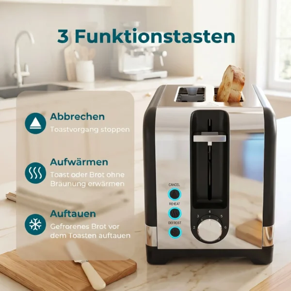 2 Sneetjes Broodrooster Met 7 Bruiningsniveaus, Opwarm /Ontdooi /Annuleerfuncties, Verwarmingsrek, 930 W