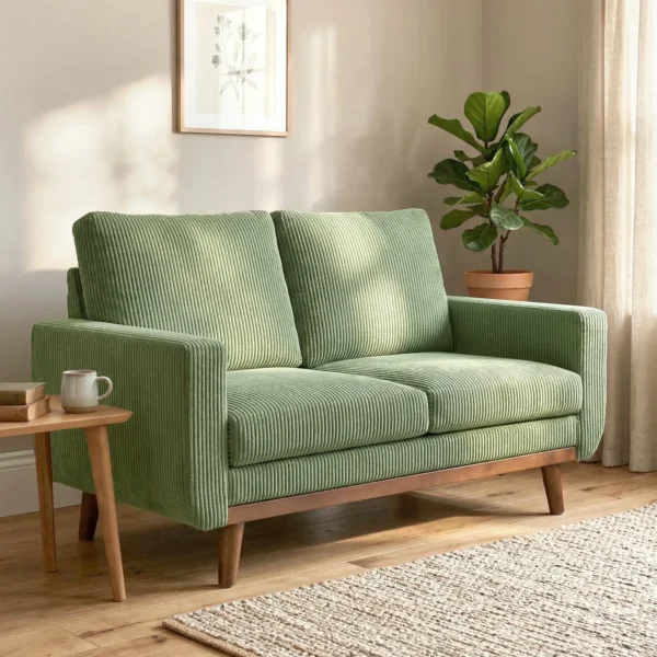 2 zitsbank, 134 Cm Corduroy Bank Met Pocketveren, Dikke Rugleuning, Houten Latten Accent, Groen