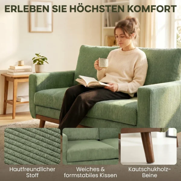 2 zitsbank, 134 Cm Corduroy Bank Met Pocketveren, Dikke Rugleuning, Houten Latten Accent, Groen