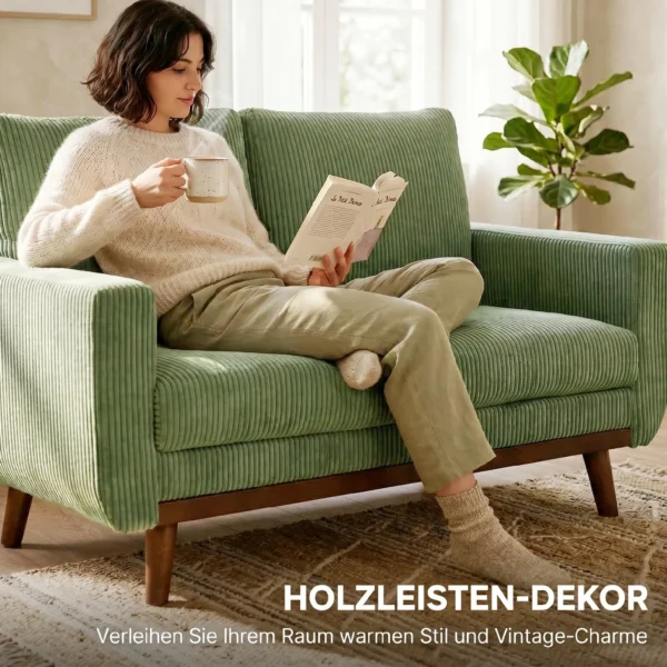 2 zitsbank, 134 Cm Corduroy Bank Met Pocketveren, Dikke Rugleuning, Houten Latten Accent, Groen