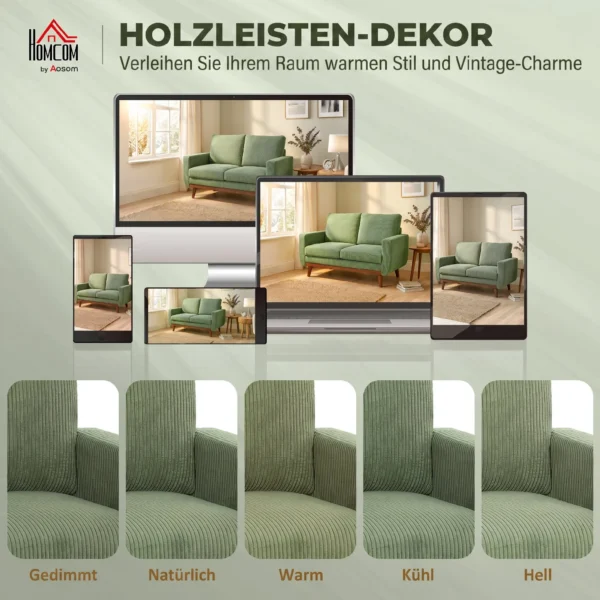 2 zitsbank, 134 Cm Corduroy Bank Met Pocketveren, Dikke Rugleuning, Houten Latten Accent, Groen