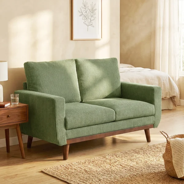 2 zitsbank, 134 Cm Corduroy Bank Met Pocketveren, Dikke Rugleuning, Houten Latten Accent, Groen