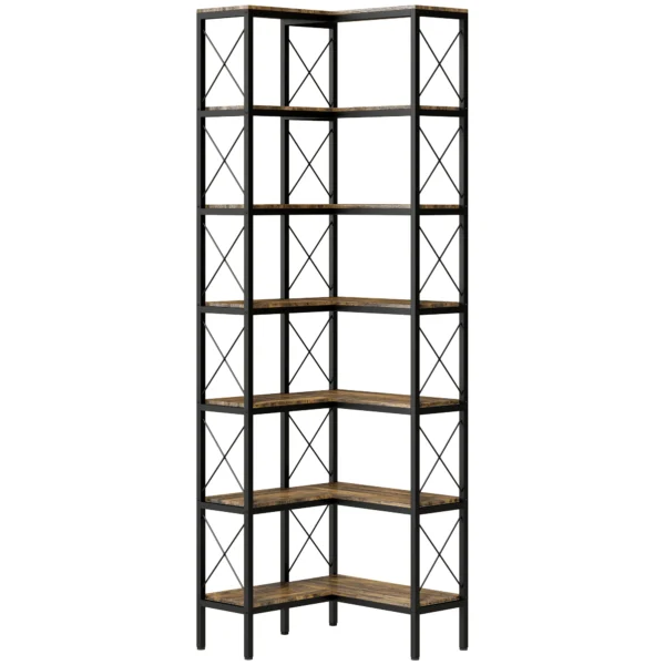 6 traps L vormig Boekenrek, Vrijstaand Hoekrek Met Metalen Frame, Rustiek Bruin, 60 X 60 X 200 Cm