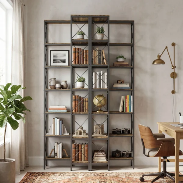 6 traps L vormig Boekenrek, Vrijstaand Hoekrek Met Metalen Frame, Rustiek Bruin, 60 X 60 X 200 Cm