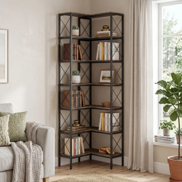 6 traps L vormig Boekenrek, Vrijstaand Hoekrek Met Metalen Frame, Rustiek Bruin, 60 X 60 X 200 Cm