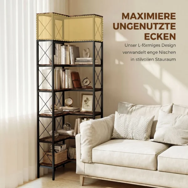 6 traps L vormig Boekenrek, Vrijstaand Hoekrek Met Metalen Frame, Rustiek Bruin, 60 X 60 X 200 Cm