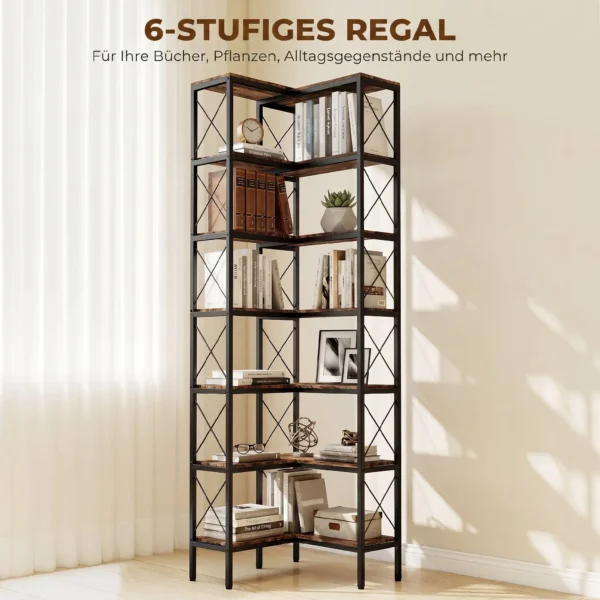 6 traps L vormig Boekenrek, Vrijstaand Hoekrek Met Metalen Frame, Rustiek Bruin, 60 X 60 X 200 Cm