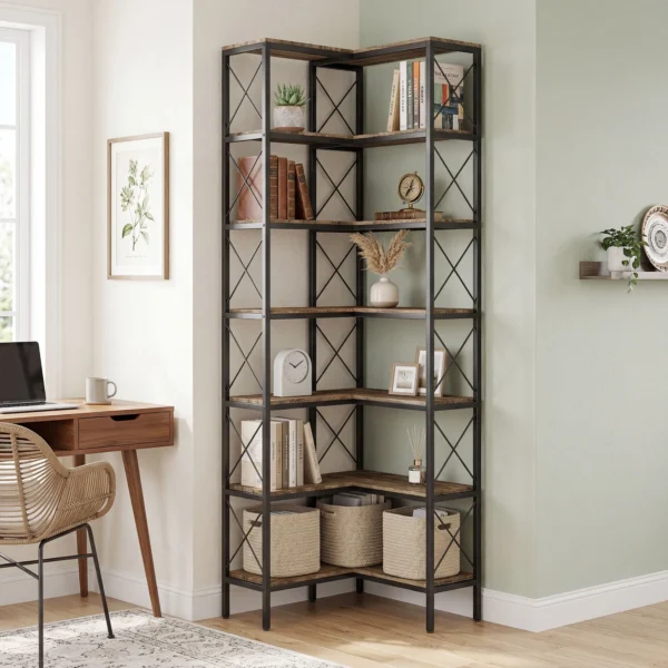 6 traps L vormig Boekenrek, Vrijstaand Hoekrek Met Metalen Frame, Rustiek Bruin, 60 X 60 X 200 Cm