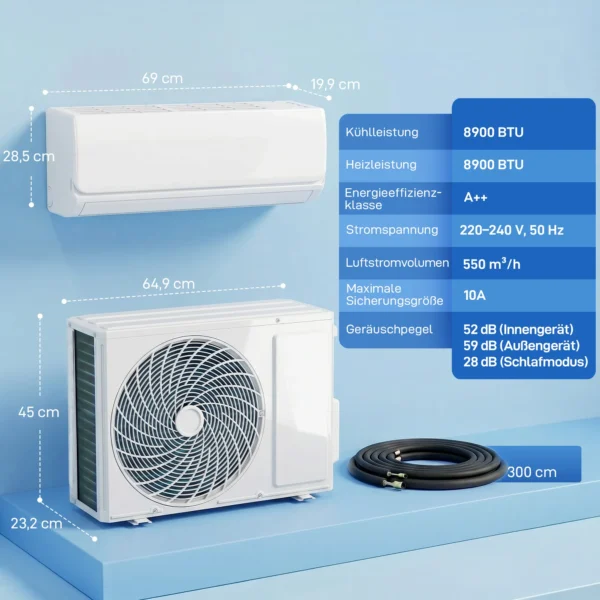 9000 BTU Mini Split Airconditioner & Warmtepomp, WiFi compatibele Inverter Airconditioner Met Installatiekit