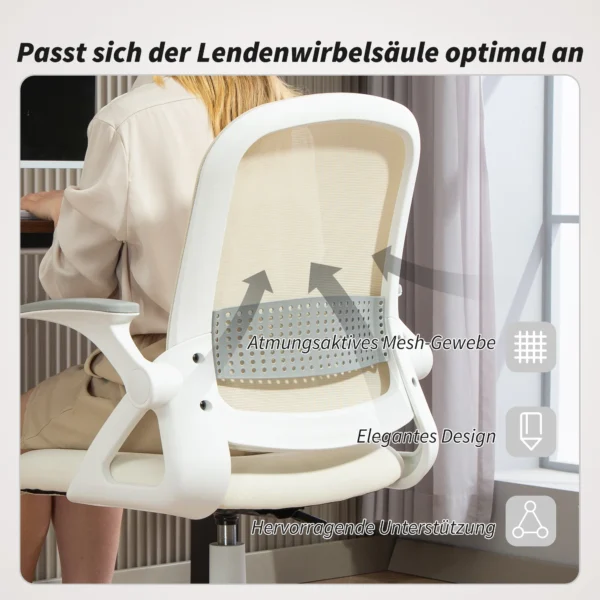 Ademende Mesh Bureaustoel, Ergonomische Draaistoel Met Opklapbare Armleuningen En Lendensteun, Wit