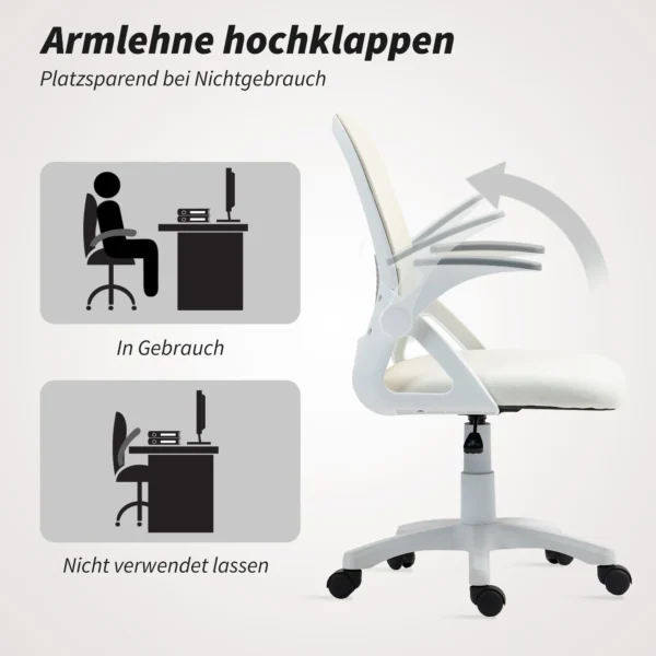 Ademende Mesh Bureaustoel, Ergonomische Draaistoel Met Opklapbare Armleuningen En Lendensteun, Wit