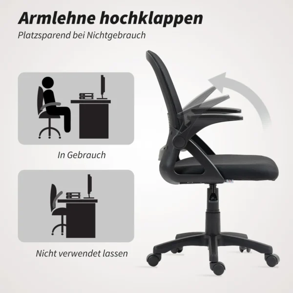 Ademende Mesh Bureaustoel, Ergonomische Draaistoel Met Opklapbare Armleuningen En Lendensteun, Zwart