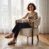 Akzentstoel, Chenille Gestoffeerde Fauteuil Met Massief Houten Frame En Poten, Beige