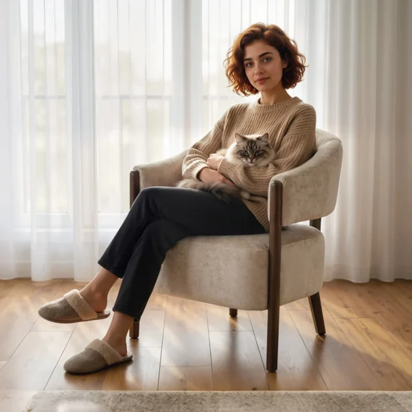 Akzentstoel, Chenille Gestoffeerde Fauteuil Met Massief Houten Frame En Poten, Beige