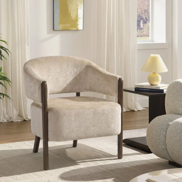 Akzentstoel, Chenille Gestoffeerde Fauteuil Met Massief Houten Frame En Poten, Beige