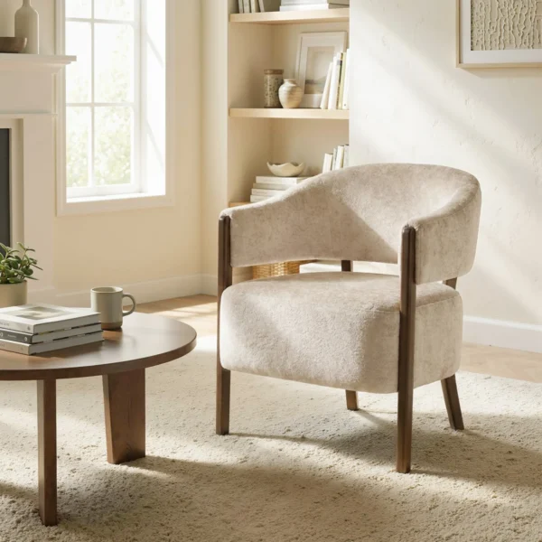Akzentstoel, Chenille Gestoffeerde Fauteuil Met Massief Houten Frame En Poten, Beige