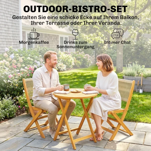Balkonmeubelset 3 delig Polyrattan Hout Inklapbaar Tuinmeubelset Met Tafel 2 Stoelen, Ademend