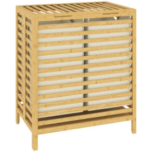 Bamboe Wasmand Met Deksel, 2 Manden, Opvouwbaar, 64L, Natuur En Crème Wit