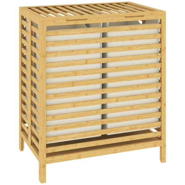 Bamboe Wasmand Met Deksel, 2 Manden, Opvouwbaar, 64L, Natuur En Crème Wit